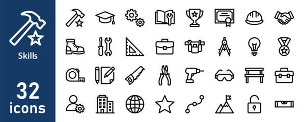 Naklejka premium Skills Icons Set: Hammer, Graduation Cap, Gears, Book, Trophy, Hard Hat, Tools, Lightbulb