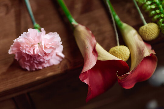 Close up of pink carnation, red calla lilies, billy buttons resting on wooden surface, presenting floral arrangement concept. Suitable for greeting cards, wedding branding, seasonal marketing