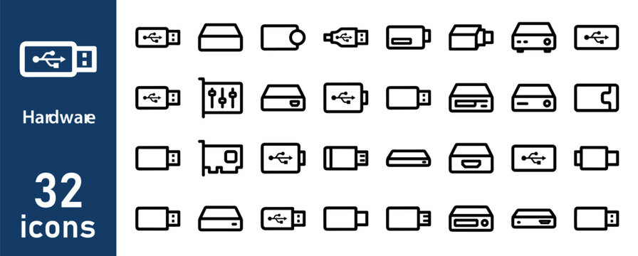 Hardware Icons Set: USB, Computer Components, Cables, Ports, Devices