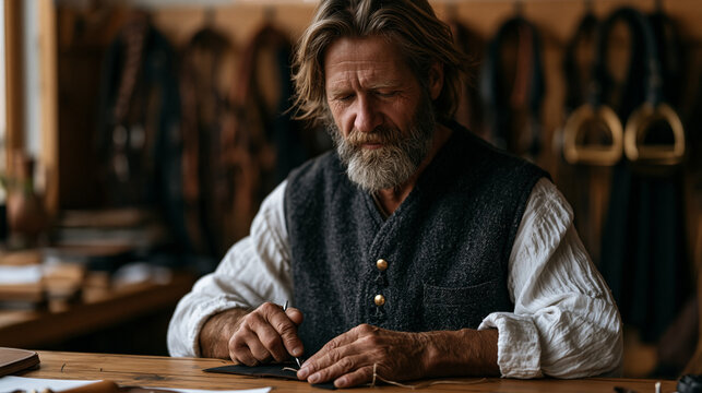 Master saddler in a leather workshop stitches equestrian bridle hardware by hand at a wooden bench, awl and waxed thread in weathered fingers, bridles and stirrups hanging on wall