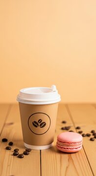 Paper coffee cup with macaron and coffee beans on wooden table.