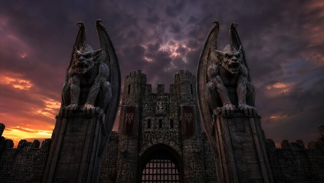 Two tall gargoyle sculptures flanking an ancient castle gate at twilight.