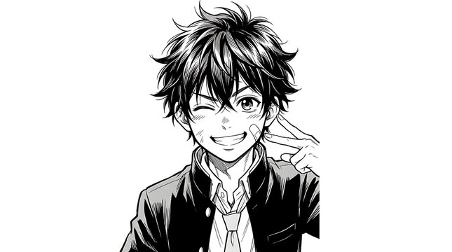 Anime boy with dark hair smiling deeply in illustration