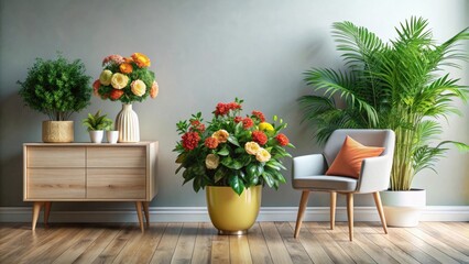 Fototapeta premium A Vibrant Home Interior Featuring a Stylish Wooden Cabinet, Lush Potted Plants, and a Comfortable Armchair with a Decorative Pillow, Creating a Serene and Inviting Atmosphere