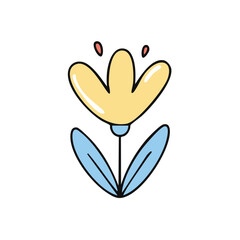 Fototapeta premium Whimsical hand drawn yellow flower with blue leaves simple vector illustration