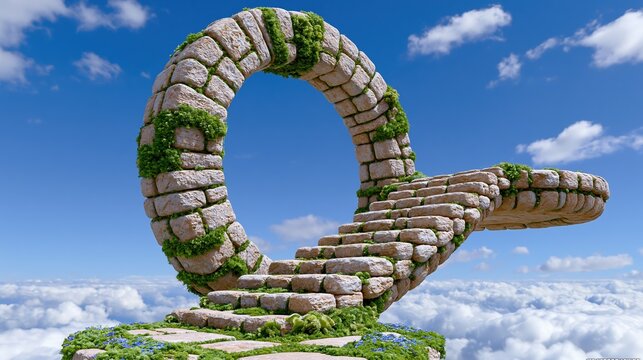 青空に浮かぶループ状の石造りの階段。苔が生えた古い石段が空へと続く幻想的でシュールな風景。成功や永遠を象徴する独創的な建築構造