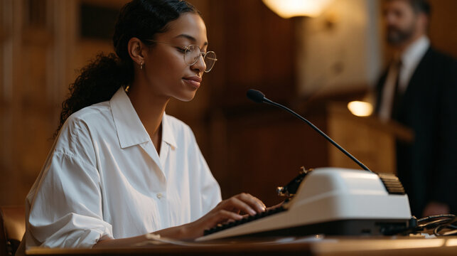 Court stenographer types at high speed on a stenotype machine during an intense courtroom session, legal counsel standing at a podium nearby, official transcript equipment under