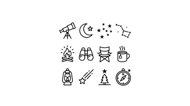 Stargazing and Camping Line Icon Set Featuring Telescope Moon Stars and Outdoor Equipment.