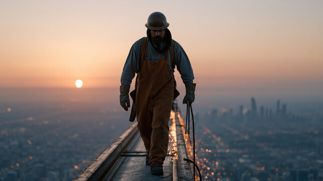 A ironworker in protective gear walks a steel beam high above a city skyline at dawn, sparks falling below him, capturing industrial construction labor, skilled trades work, urban