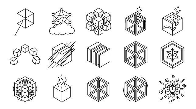 Set of isometric cube icons representing blockchain technology and data processing concepts.