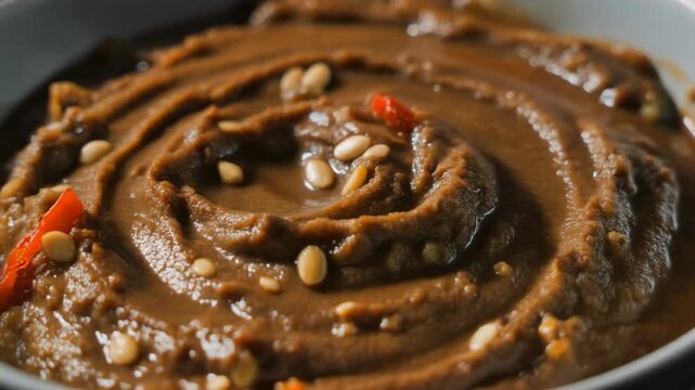 Creamy Brown Bean Dip with Swirled Texture and Toasted Pine Nuts Garnish - Middle Eastern Appetizer
