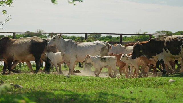 Ganado bovino caminando en corral rural bajo luz natural en finca ganadera tropical