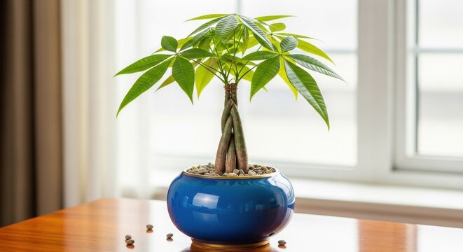 Pachira Aquatica Money Tree in Blue Pot on Table.