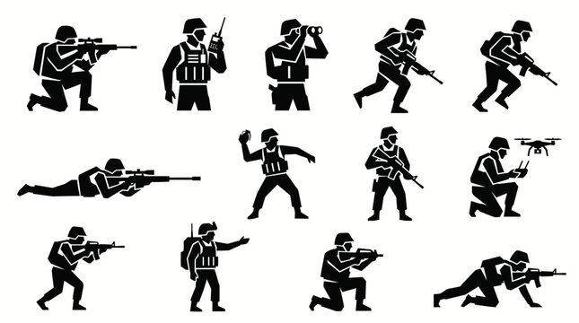 Military operator silhouettes with drone and tactical equipment
