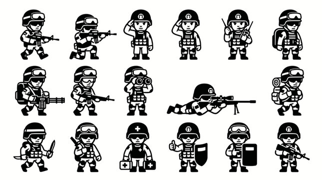 Detailed cartoon soldier icons with heavy weapons and gear