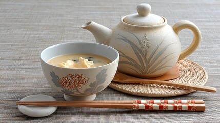 Fototapeta premium 菊紋の椀に盛られた豆腐の味噌汁。植物模様の急須と紅白の箸。伝統的な和の食卓と茶器の静物写真