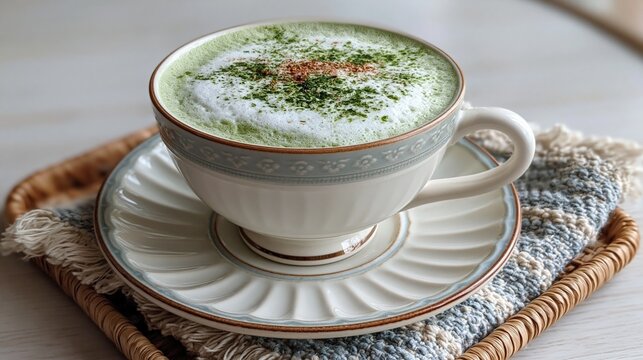 セラミックカップに入った泡立ち豊かな抹茶ラテ。抹茶パウダーとスパイスを振りかけた温かい飲料。編みトレイとソーサーの静物