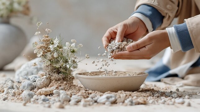 ボウルに種子をまく手のクローズアップ。室内での園芸作業と丁寧な暮らし。種子の選別と植物の育成