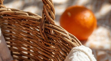 Obraz premium Wicker Picnic Basket Detail with Blurred Orange in Background