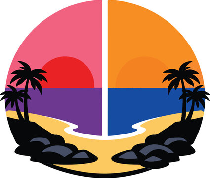 Tropical beach sunset split view vector illustration.