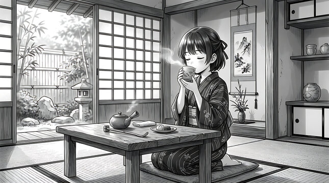 Anime girl sitting in traditional Japanese room with tea