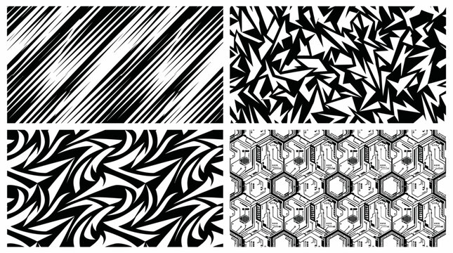 Collection of monochrome geometric and technical patterns