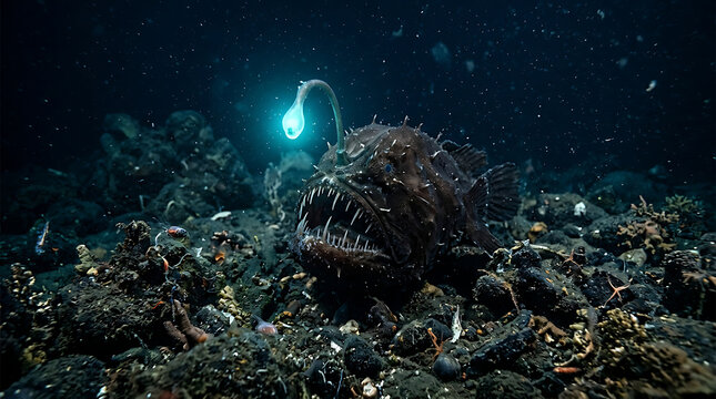 A fearsome deep-sea anglerfish, with its striking bioluminescent lure, navigates the dark, mysterious ocean floor, highlighting a unique predatory marine life