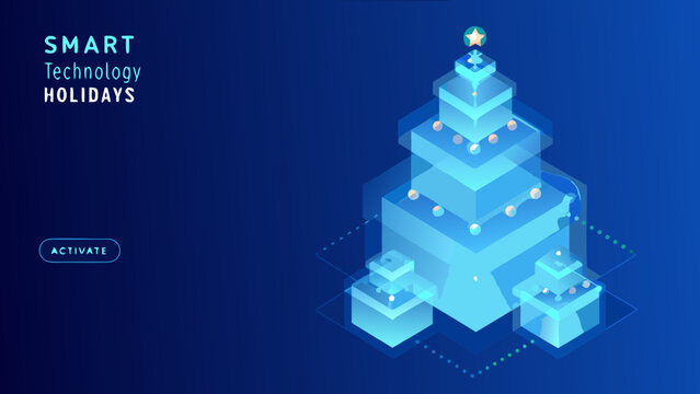 Isometric geometric christmas tree illustration with blue gradients and glowing circular nodes a festive design abstract architecture art