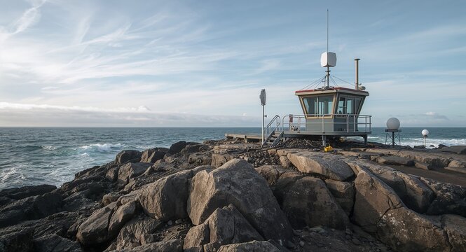 Remote tsunami monitoring station perched on rocky shoreline equipped with tide gauges � Professional Stock Photography Concept for Commercial and Marketing Use