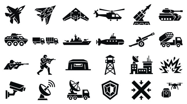 Military and defense equipment black silhouette icon set