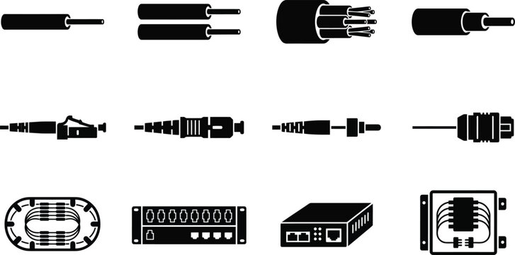 A collection of black vector icons representing various fiber optic cables, connectors, networking hardware, and structured cabling system components.