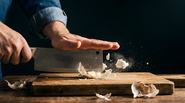 Chef Hand Crushing Fresh Garlic Bulb with Large Kitchen Cleaver Knife on Rustic Wooden Cutting Board