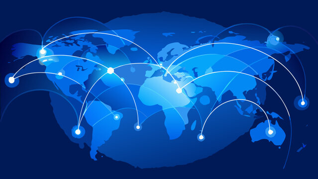 World map with connecting lines a blue vector illustration depicting global networks and communication aerial view americas antarctica