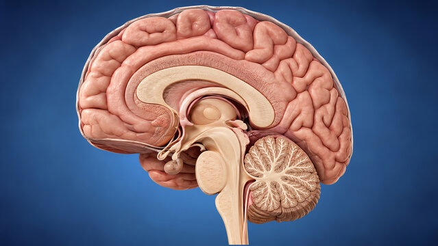 Detailed anatomical depiction of a human brain showcasing its structure and components.