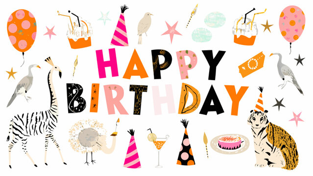 A colorful birthday illustration featuring animals balloons and celebratory elements on a white background celebration decoration design festive