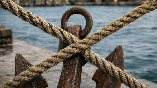 Two thick, weathered hemp ropes crossed, securing a rusted ship's anchor.