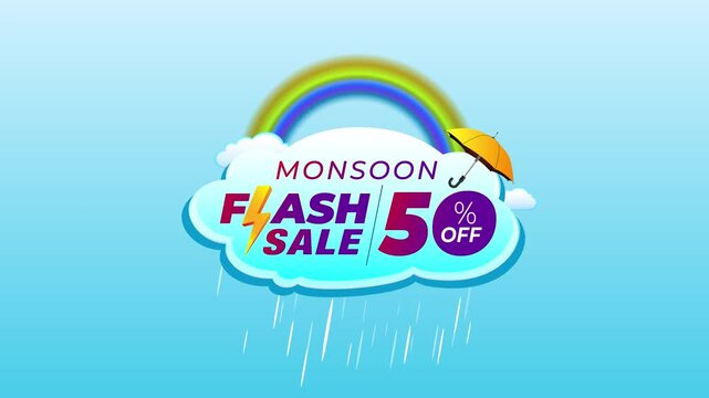 Rain cloud background with Monsoon Flash Sale 50% off, logo. Retail offer, discount, promotional graphic unit, animation, motion or video footage.