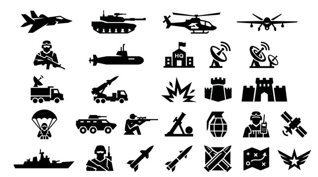 Military and defense icons featuring tanks aircraft and soldiers