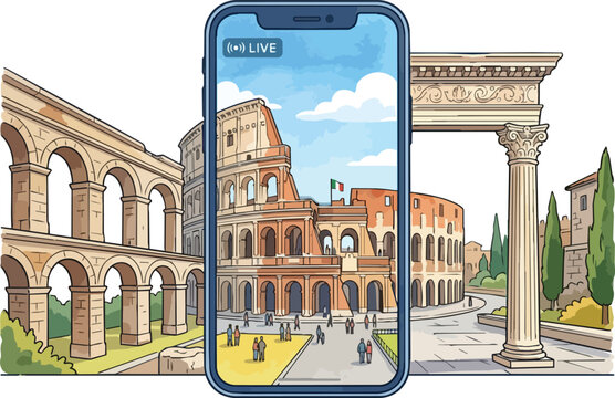 Vibrant Vector Illustration of the Colosseum in Rome with Live Streaming Smartphone Display Showcasing Tourist Attraction tourism travel architecture people