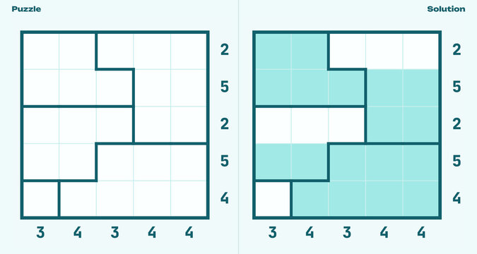 Aquarium. Grid puzzle with empty cells and completed solution on blue background  