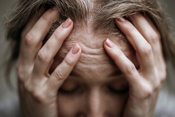 Fototapeta premium Close-up of a woman's face with hands on her forehead, showing stress and worry lines.