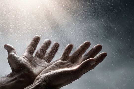 Close-up of open hands reaching up to catch falling raindrops in dramatic, moody lighting.
