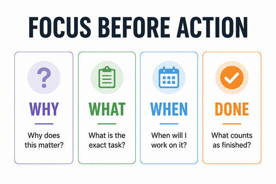 A graphic displays four steps for focus before action: Why, What, When, and Done.