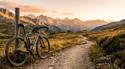 Fototapeta premium gravel bicycle positioned beside alpine mountain trail representing outdoor adventure endurance fitness and sustainable active travel experiences