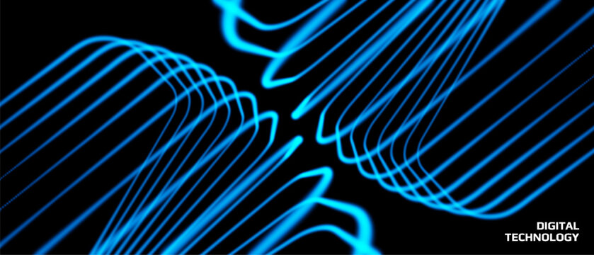 Two symmetrical objects composed of dots are attracted to each other. Energy. Technological background. Color transition effect. Gradient. Industrial style for digital projects. Vector for design.