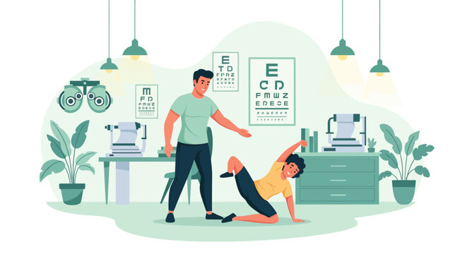 Physical therapist assisting patient with exercise in clinic.