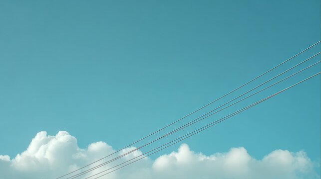 Minimalist image of a serene blue sky filled with puffy white clouds, intersected by angled, parallel power lines
