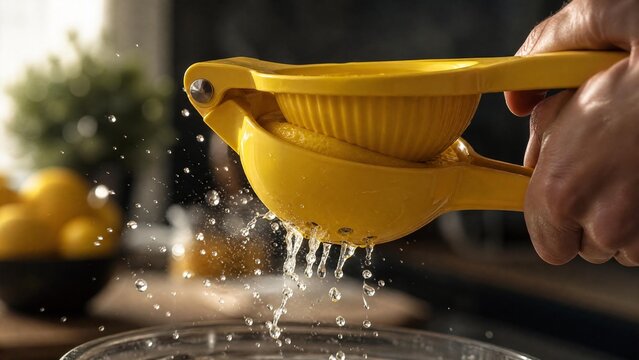 A yellow lemon squeezer being compressed, droplets flying in kitchen scene.
