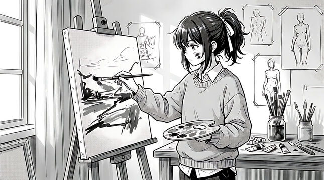Anime girl painting landscape on canvas with brush and palette indoors