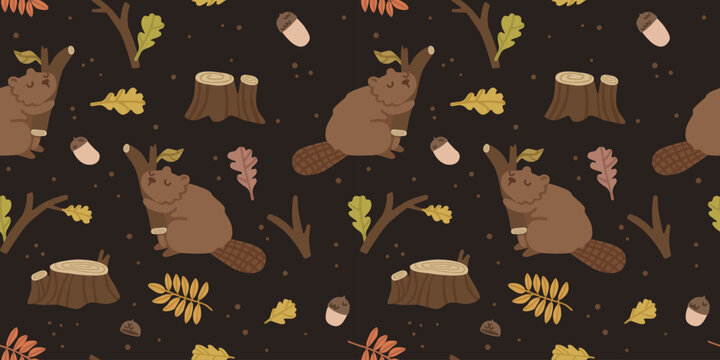 Seamless autumn pattern with cute beavers, tree stumps, acorns, branches and colorful leaves on a dark background. Cozy woodland design for nursery, fabric and decor. Flat vector illustration.
